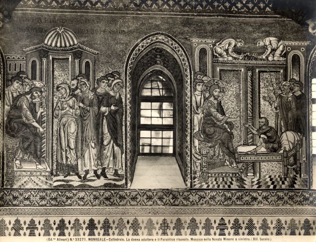 Alinari, Fratelli — Monreale - Cattedrale. La donna adultera e il Paralitico risanato, Mosaico nella Navata Minore a sinistra. (XII. Secolo). — insieme